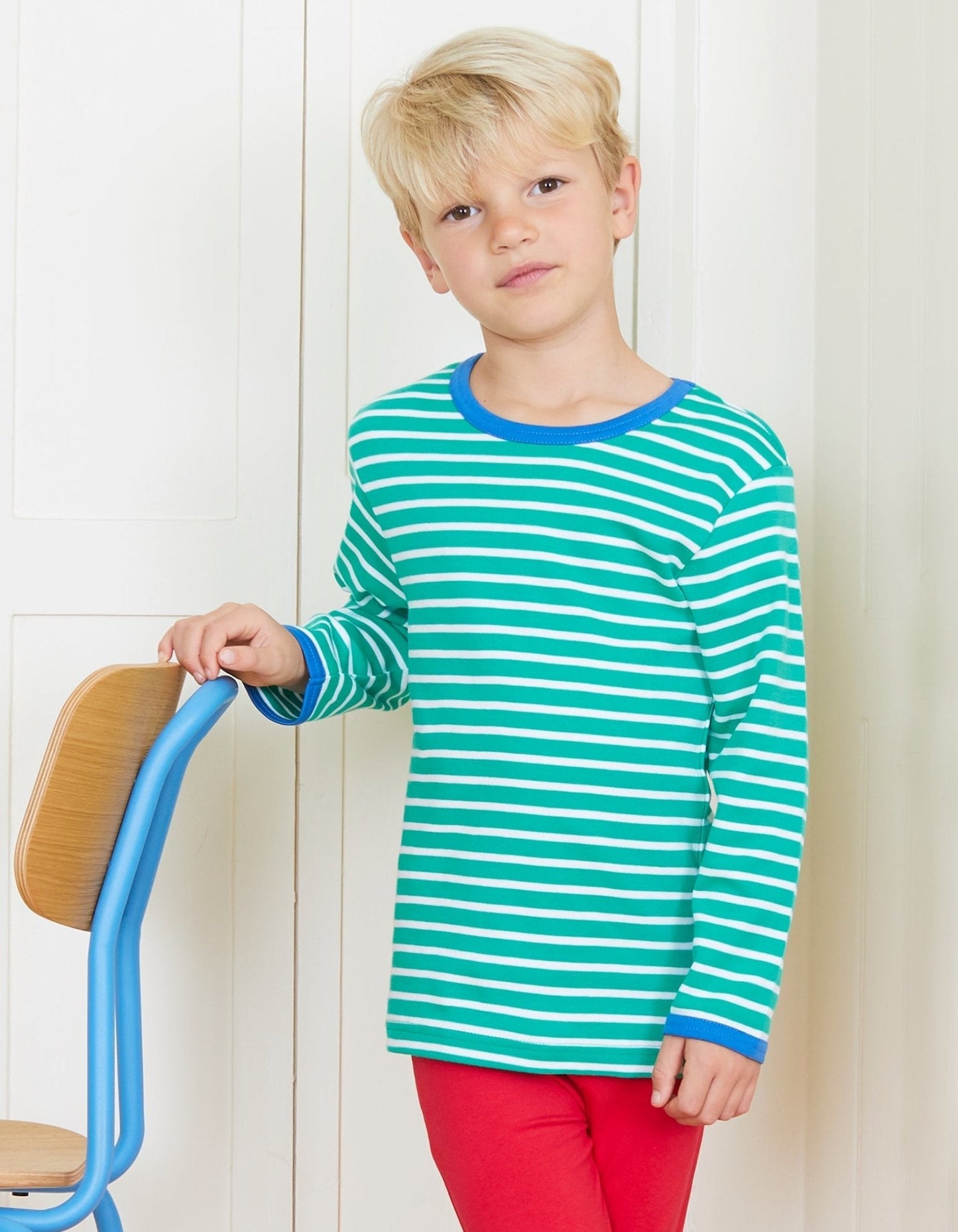 Toby Tiger Organic Cotton Breton Stripe Long-Sleeved T-Shirt — Green & White